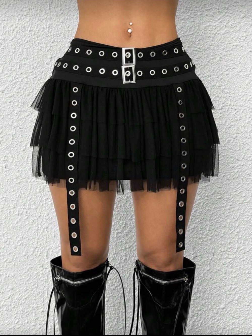 Black Layered Tulle Mini Skirt with Grommet Belt